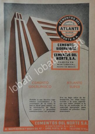 CARTEL ANTIGUO ORIGINAL DE CEMENTO ATLANTE. CEMENTOS DEL NORTE 1952 /725 MONTERREY