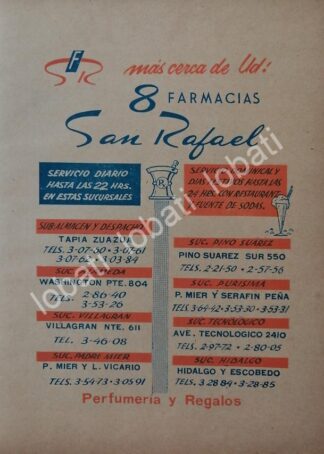 CARTEL ANTIGUO ORIGINAL DE FARMACIA SAN RAFAEL 1965 MONTERREY /730