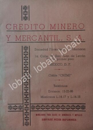 CARTEL ANTIGUO ORIGINAL DE BANCO. CREDITO MINERO Y MERCANTIL 1942 /228