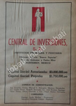 CARTEL ANTIGUO ORIGINAL DE BANCO- CENTRAL DE INVERSIONES S.A 1942 /230