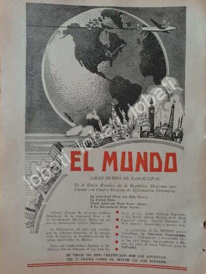 CARTEL ANTIGUO ORIGINAL DE AFICHE DEL DIARIO EL MUNDO 1950 TAMAULIPAS /68 - Image 2