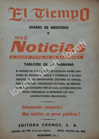 CARTEL ANTIGUO ORIGINAL DE EDITORA CRONOS 1966, DIARIO EL TIEMPO / N79 MONTERREY
