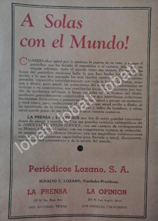 CARTEL ANTIGUO ORIGINAL DE AFICHE DE PERIODICOS LOZANO S.A. TEXAS 1942 / N88 IGNACIO LOZANO