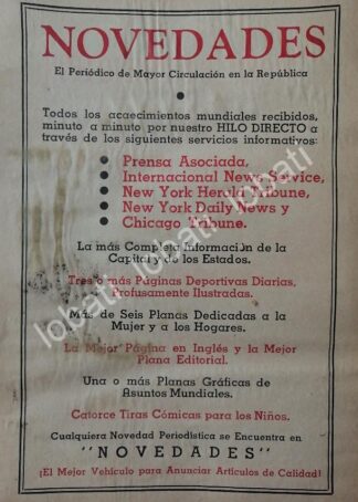 CARTEL ANTIGUO ORIGINAL DE AFICHE DE PERIODICOS NOVEDADES 1942. / N90