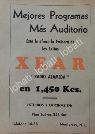 CARTEL ANTIGUO ORIGINAL DE RADIO DIFUSORA XEAR 1952 MONTERREY. / N91