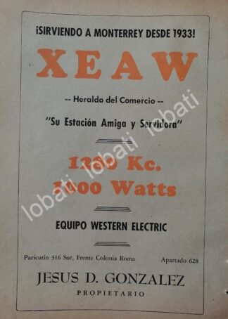 CARTEL ANTIGUO ORIGINAL DE RADIO DIFUSORA XEAW 1952 MONTERREY. / N92