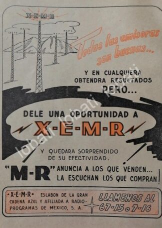 CARTEL ANTIGUO ORIGINAL DE RADIO DIFUSORA XEMR 1952 MONTERREY. / 93