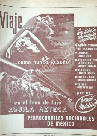 CARTEL ANTIGUO ORIGINAL DE TREN AGUILA AZTECA 1953 FERROCARRILES NACIONALES /204