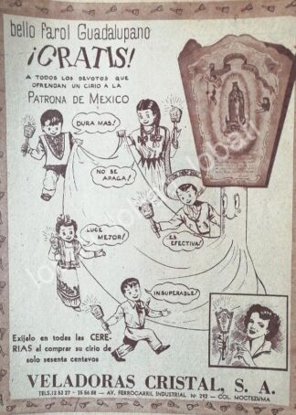 CARTEL ANTIGUO ORIGINAL DE VELADORAS CRISTAL S.A Y EL FAROL GUADALUPANO 1953 /203 SUPER RARO