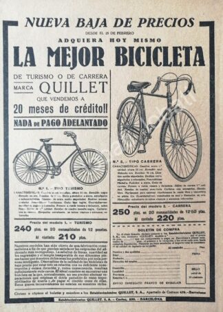 CARTEL ANTIGUO ORIGINAL DE BICICLETAS QUILLET 1914 / ESPAÑA