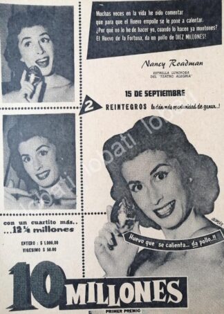 CARTEL ANTIGUO ORIGINAL DE NANCY RODMAN EN LA LOTERIA NACIONAL 1956 /162 SUPER RARO