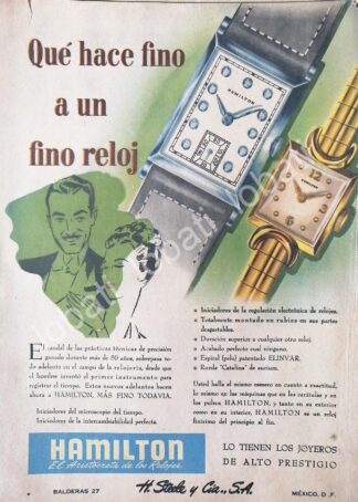 CARTEL ANTIGUO ORIGINAL DE RELOJES HAMILTON 1940s ALMACENES H. STEELE & CIA / 63