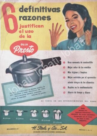 CARTEL ANTIGUO ORIGINAL DE OLLAS PRESTO 1953 IMPORTADORA H. STEELE Y CIA. /7