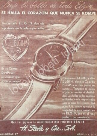 CARTEL ANTIGUO ORIGINAL DE RELOJES ELGIN 1953 ALMACENES H. STEELE & CIA / 56