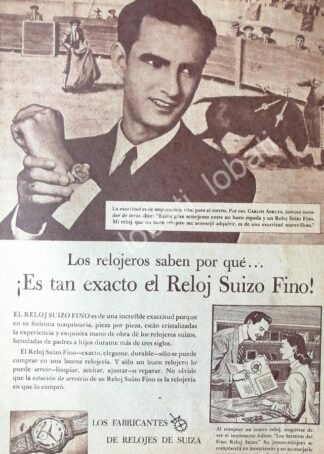 CARTEL ANTIGUO ORIGINAL DE EL TORERO CARLOS ARRUZA EN RELIJES SUIZOS 1953 / FEP