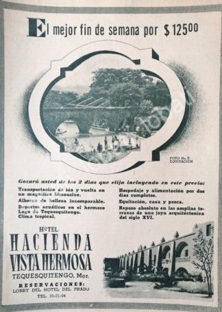 CARTEL ANTIGUO ORIGINAL DE HOTEL HACIENDA VISTA HERMOSA, MORELOS 1953 /200