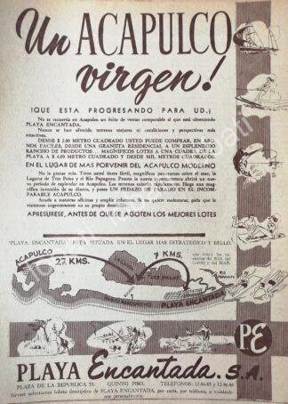 CARTEL ANTIGUO ORIGINAL DE TERRENOS EN COLONIA PLAYA ENCANTADA, ACAPULCO 1953 /201 RARO