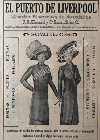 CARTEL ANTIGUO ORIGINAL DE TIENDA EL PUERTO DE LIVERPOOL 1910 SOMBEROS