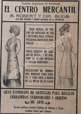 CARTEL ANTIGUO ORIGINAL DE TIENDA EL CENTRO MERCANTIL 1910 S. ROBERT Y CIA.