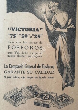 CARTEL ANTIGUO ORIGINAL DE FOSFOROS VICTORIA AÑOS 20s /3