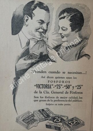 CARTEL ANTIGUO ORIGINAL DE FOSFOROS VICTORIA AÑOS 20s /6