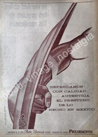 CARTEL ANTIGUO ORIGINAL DE BRANDY PRESIDENTE 1965 PEDRO DOMEQC