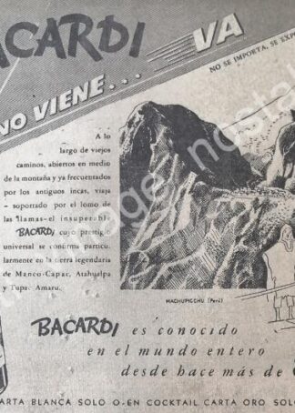 CARTEL ANTIGUO ORIGINAL DE RON BACARDI Y MACHUPICHU 1947