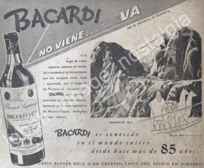 CARTEL ANTIGUO ORIGINAL DE RON BACARDI Y MACHUPICHU 1947