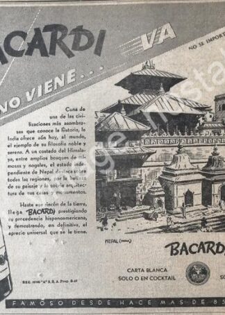 CARTEL ANTIGUO ORIGINAL DE RON BACARDI Y NEPAL 1947