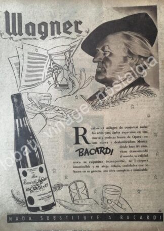 CARTEL ANTIGUO ORIGINAL DE RON BACARDI 1947 WAGNER