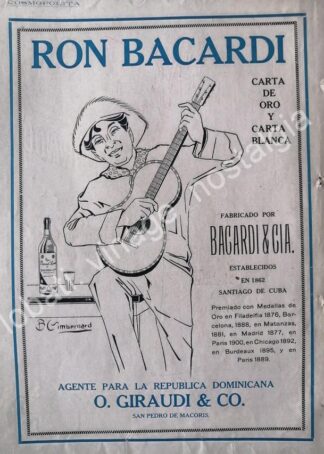 CARTEL ANTIGUO ORIGINAL DE RON BACARDI 1920 DIBUJO. BIENVENIDO GIMBERNARD / SUPER RARO