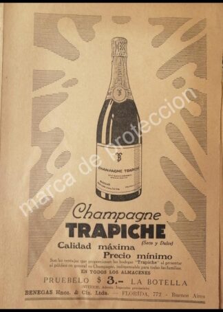 CARTEL ANTIGUO ORIGINAL DE VINOS. CHAMPAGNE TRAPICHE 1929 /5