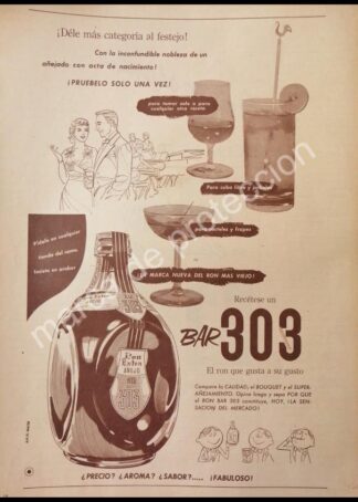 CARTEL ANTIGUO ORIGINAL DE RON AÑEJO BAR 303 1958 / RARO
