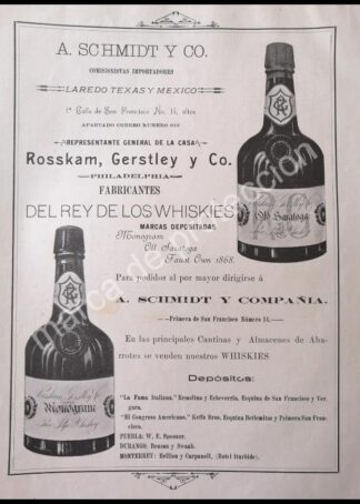 CARTEL ANTIGUO ORIGINAL DE VINOS A. SCHMIDT -WHISKY OLD SARATOGA 1898 /RARO