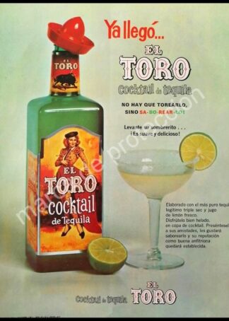 CARTEL ANTIGUO ORIGINAL DE COCTKTAIL TEQUILA EL TORO 1967 /MUY RARO