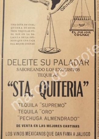 CARTEL ANTIGUO ORIGINAL DE TEQUILA SANTA QUITERIA DE MANUEL CRUZ 1922