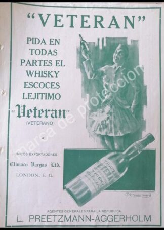 CARTEL ANTIGUO ORIGINAL DE WHISKY VETERAN 1920 DIBUJO. BIENVENIDO GIMBERNARD. SUPER RARO