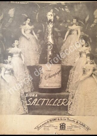 CARTEL ANTIGUO ORIGINAL DE SIDRA CHAMPAGNE SALTILLERA ALAMO. 1950s / RARO
