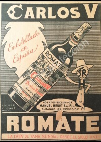 CARTEL ANTIGUO ORIGINAL DE VINOS ROMATE CARLOS V. 1940s /RARO