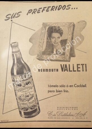 CARTEL ANTIGUO ORIGINAL DE VINOS VALLETI VERMOUTH 1947