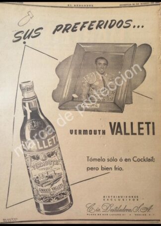 CARTEL ANTIGUO ORIGINAL DE VINOS VALLETI /FERMIN ESPONISA ARMILLITA 1947 FEP