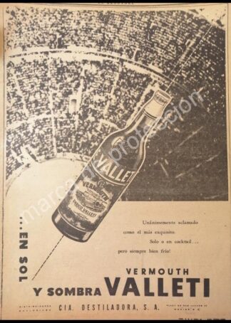 CARTEL ANTIGUO ORIGINAL DE VINOS VALLETI Y LA NUEVA PLAZA MEXICO 1947