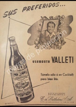 CARTEL ANTIGUO ORIGINAL DE VINOS VALLETI CON ARTURO DE CORDOBA 1947
