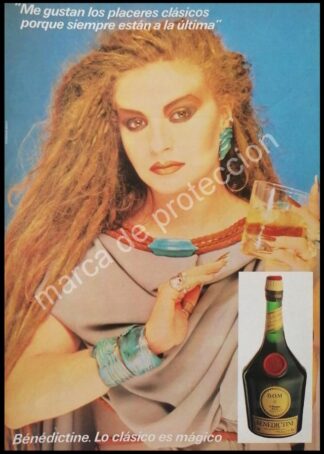 CARTEL ANTIGUO ORIGINAL DE VINOS BENEDICTINE Y LA CANTANTE ALASKA 1980s FEP