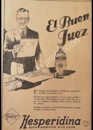 CARTEL ANTIGUO ORIGINAL DE APERITIVO HESPERIDINA DE BAGLEY 1927