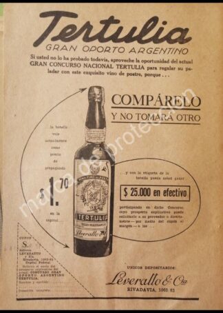CARTEL ANTIGUO ORIGINAL DE VINOS. OPORTO TERTULIA DE LEVERALLO 1927